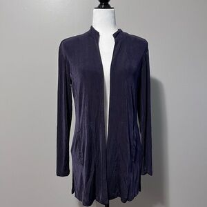 Chicos Travelers Stand Up Collar Long Stretch Knit Open Front Cardigan Purple